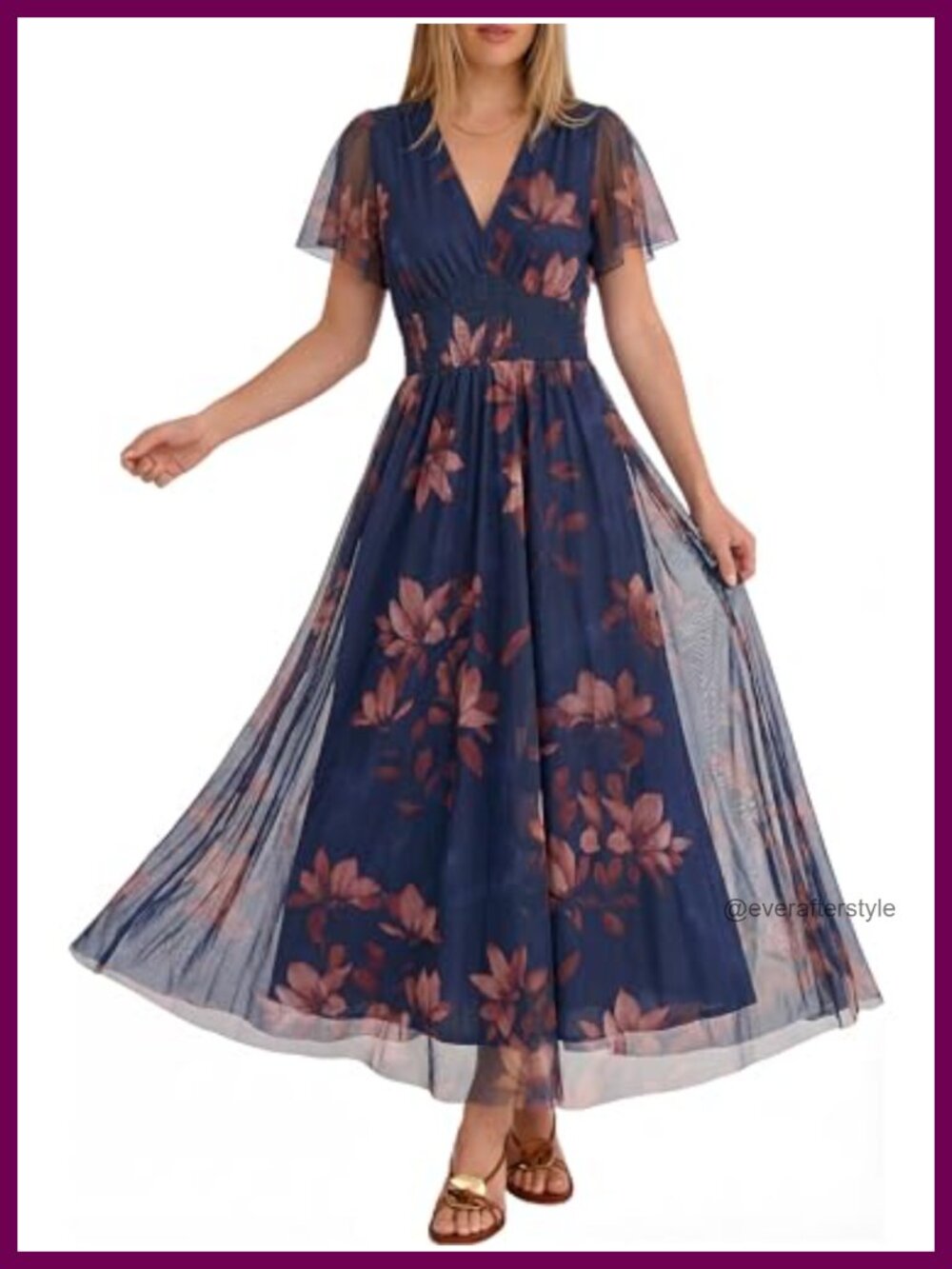 Women's Floral Tulle Maxi Dress Short Sleeve V-Neck Wedding Guest